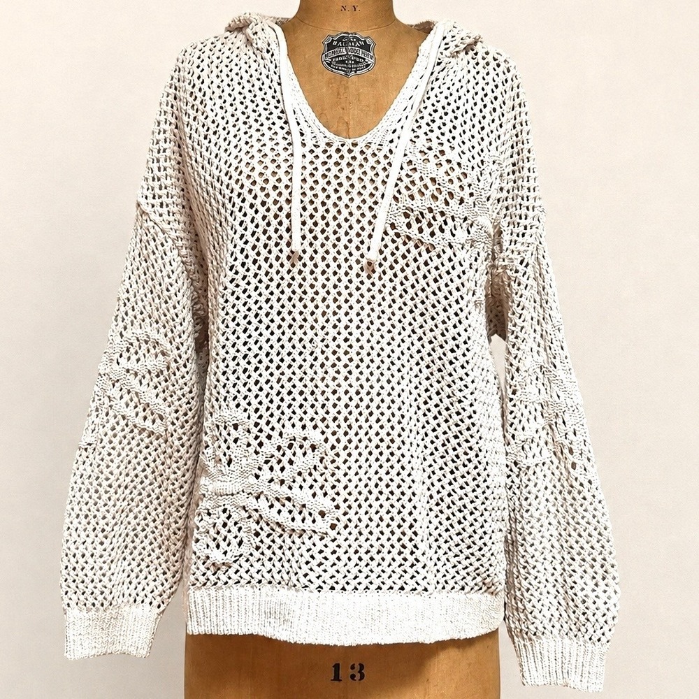 Artelier Nicole Miller Womens XL Crochet Open Knit Hooded Sweater Boho Cream